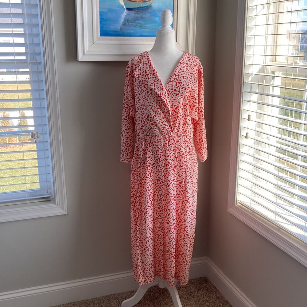 Vintage 80s Act 1 New York Red Cream MIDI Spring Floral 3/4 Sleeve Pleated Dress
